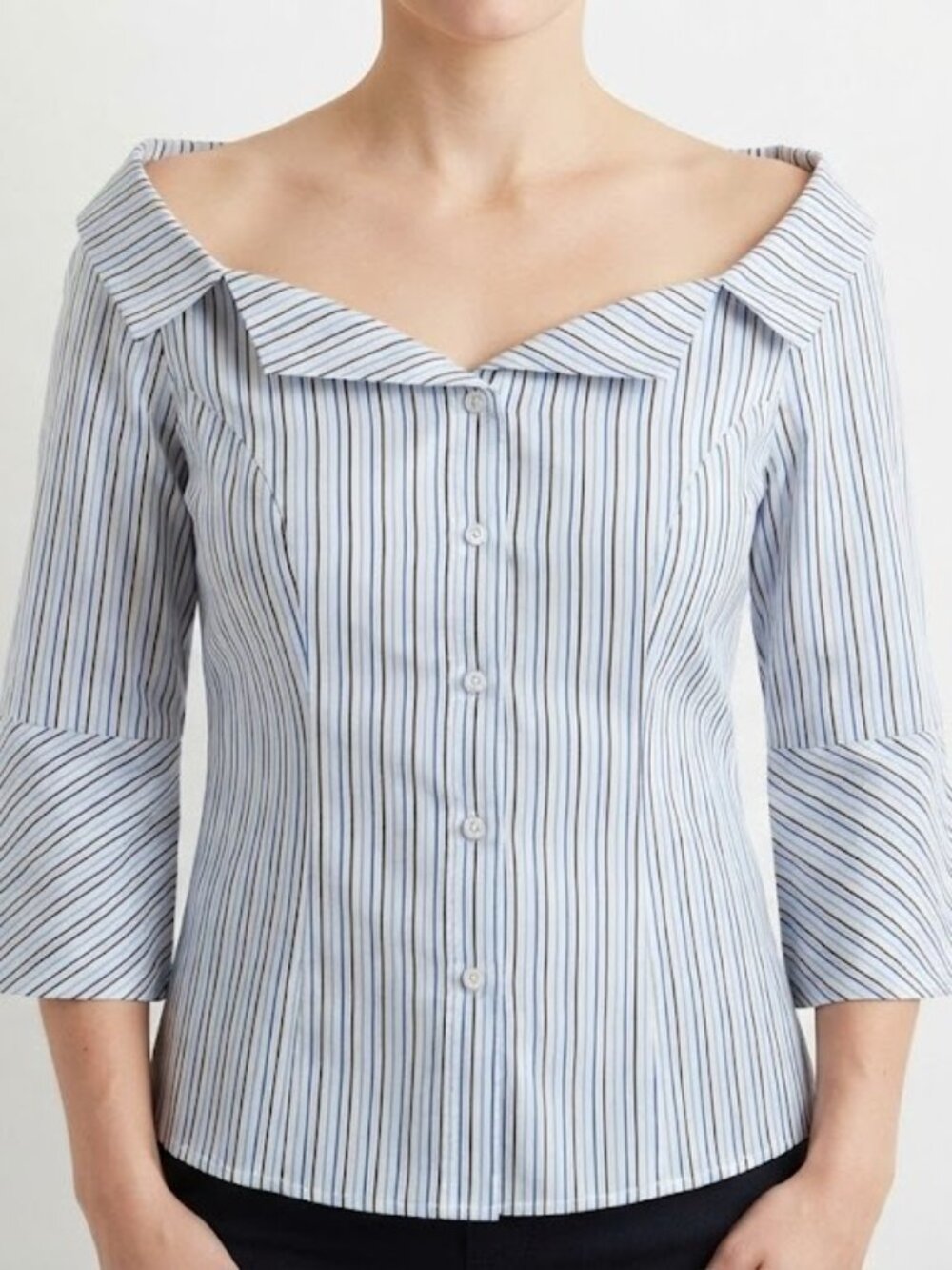 Hilary Radley White & Blue Striped Off-Shoulder Button-Down Top